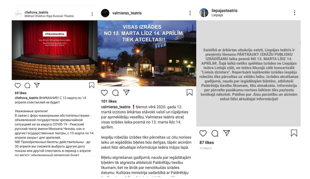 Ekrānšāviņi no teātru Instagram kontu paziņojumiem