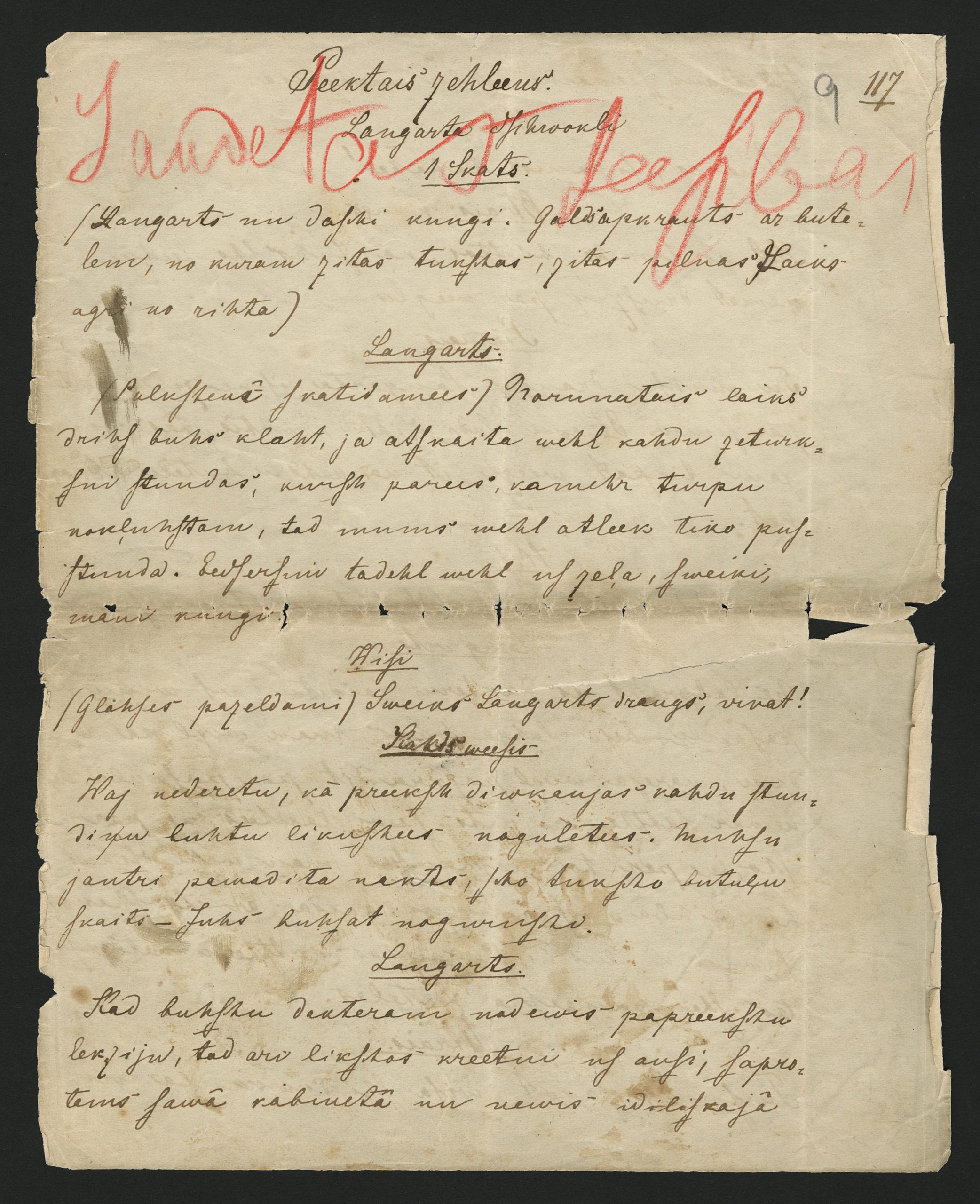 Aspazijas lugas „Zaudētās tiesības” fragments. 5. cēliens no agrākā varianta. Rokraksts. [1890. gadu sākums.] RTMM 73707