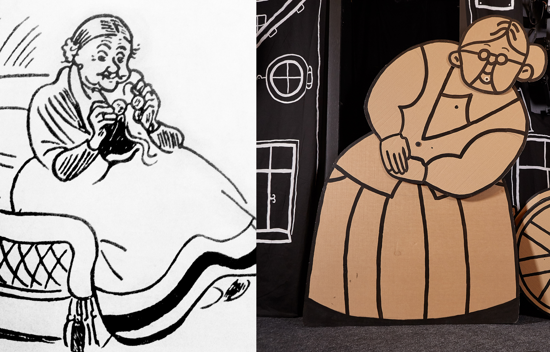 Pa kreisi: Valtera Trīra ilustrācija grāmatai „Emīls un Berlīnes zēni”. Pa labi: skats no izrādes // Foto – O. Zernovs